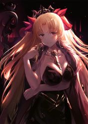 Rule 34 | 1girl, between breasts, black cape, black dress, blonde hair, blush, breasts, cape, closed mouth, collarbone, commentary request, dress, earrings, eien no juu nana-sai, ereshkigal (fate), fate/grand order, fate (series), hair ribbon, hand up, highres, infinity symbol, jewelry, long hair, looking at viewer, medium breasts, parted bangs, red eyes, red ribbon, ribbon, skull, smile, solo, spine, strapless, strapless dress, tiara, two side up, very long hair