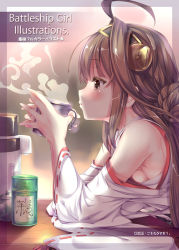 Rule 34 | 10s, 1girl, ahoge, breasts, brown eyes, brown hair, cover, cover page, cup, detached sleeves, from side, hairband, headgear, kantai collection, kongou (kancolle), long hair, personification, profile, ribbon-trimmed sleeves, ribbon trim, rozea (graphmelt), sideboob, solo, steam, wide sleeves