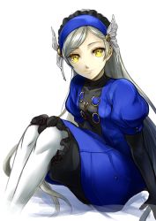 Rule 34 | 1girl, black gloves, blue dress, blue hairband, closed mouth, dress, gloves, hairband, highres, igusaharu, lavenza (persona 5), layered sleeves, long hair, long sleeves, looking at viewer, pantyhose, parted bangs, persona, persona 5, short over long sleeves, short sleeves, silver hair, simple background, sitting, smile, solo, very long hair, white background, white pantyhose, yellow eyes