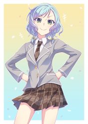Rule 34 | &gt;:), 1girl, aqua hair, bang dream!, blazer, blush, bow, braid, brown necktie, brown skirt, closed mouth, collared shirt, diagonal-striped clothes, diagonal-striped necktie, diagonal-striped neckwear, e20, green eyes, grey jacket, hair bow, hands on own hips, hikawa hina, jacket, long sleeves, looking at viewer, necktie, plaid, plaid skirt, pleated skirt, school uniform, shirt, skirt, smile, solo, standing, striped clothes, striped necktie, striped neckwear, twin braids, v-shaped eyebrows, white shirt, yellow bow