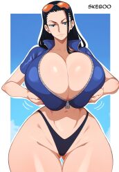 ass blue_background blue_eyes blue_shirt bouncing_breasts breasts breasts_squeezed_together cartoonized doujinshi gluteal_fold huge_ass huge_breasts lineart motion_lines nico_robin one_piece outline shiny_clothes shiny_skin shirt simple_background sunglasses sunglasses_on_head thick_thighs thighs thong toon_(style) zipper