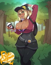 Rule 34 | 10s, 1girl, agawa ryou, artist name, bad id, bad tumblr id, blonde hair, blush, breasts, bursting breasts, cleavage, condom, condom packet strip, condom wrapper, creatures (company), curvy, dark-skinned female, dark skin, female protagonist (pokemon go), game freak, green eyes, gyaru, hand on own head, hat, huge breasts, kogal, large areolae, leggings, licking lips, long hair, looking at viewer, naughty face, nintendo, nipple slip, nipples, open mouth, open poke ball, poke ball, poke ball (basic), pokemon, pokemon go, ponytail, solo, standing, thick thighs, thighs, tongue, tongue out, watermark, web address, wide hips