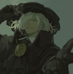 Rule 34 | 1boy, aura, bad id, bad pixiv id, black cape, black gloves, black hat, black jacket, cape, cigarette, collared shirt, edmond dantes (fate), electricity, fate/grand order, fate (series), formal, gloves, grey background, grin, hat, jacket, long sleeves, male focus, medium hair, shirt, silver hair, simple background, smile, smoking, solo, suit, upper body, user jfpx2437, white shirt, wing collar, yellow eyes