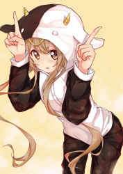 Rule 34 | 1girl, absurdres, animal costume, animal print, blonde hair, brown background, brown eyes, buttons, chinese zodiac, commentary request, cow costume, cow print, horns pose, highres, index fingers raised, leaning forward, long hair, looking at viewer, mixed-language commentary, oomuro-ke, oomuro hanako, open mouth, pajamas, pizza (pizzania company), serious, solo, year of the ox, yuru yuri