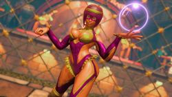 Rule 34 | 1girl, artist request, breasts, cleavage, cleavage cutout, clothing cutout, cosplay, curvy, dark-skinned female, dark skin, egyptian, female focus, highleg, highleg leotard, highres, leotard, looking at viewer, menat, purple hair, rainbow mika (cosplay), revealing clothes, screencap, shiny skin, smile, solo, street fighter, thong leotard, upper body