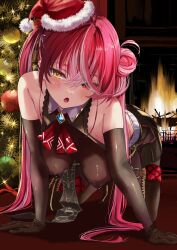 Rule 34 | 1girl, :o, absurdres, all fours, anno masato, ascot, black skirt, blush, bodystocking, breasts, christmas ornaments, christmas tree, cleavage, fire, fireplace, full body, hanging breasts, hat, heterochromia, highres, hololive, houshou marine, houshou marine (marching band), indoors, large breasts, long hair, official alternate costume, open mouth, pleated skirt, pom pom (clothes), red ascot, red eyes, red hair, santa hat, see-through, see-through cleavage, skirt, solo, very long hair, virtual youtuber, yellow eyes