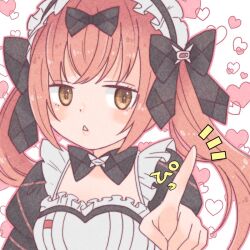 Rule 34 | 1girl, apron, black bow, blush, bow, brown eyes, cocoa (nikke), goddess of victory: nikke, hair bow, heart, i (kotombre 0370), juliet sleeves, long hair, long sleeves, maid, maid apron, maid headdress, multiple hair bows, pink hair, puffy sleeves, solo, triangle mouth, twintails, white apron