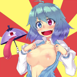 Rule 34 | &gt;:), &gt;:d, 1girl, :d, ahoge, blue hair, blush, breasts, breasts out, collarbone, commentary request, embarrassed, flashing, full-face blush, heterochromia, juliet sleeves, karakasa obake, long sleeves, looking at viewer, macedonian flag, medium breasts, navel, nipples, no bra, one-eyed, open clothes, open mouth, open shirt, puffy nipples, puffy sleeves, revision, ringed eyes, saemon (tonpura), shiny skin, shirt, short hair, smile, solo, sunburst, tareme, tatara kogasa, teardrop, tears, tongue, tongue out, touhou, umbrella, upper body, v-shaped eyebrows, wavy mouth
