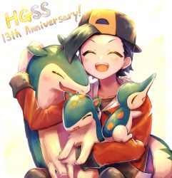Rule 34 | 1boy, :d, affectionate, anniversary, backwards hat, blush, closed eyes, commentary request, copyright name, creatures (company), cyndaquil, ethan (pokemon), evolutionary line, game freak, gen 2 pokemon, hand up, happy, hat, holding, holding pokemon, izumori (yukiasxm), jacket, long sleeves, male focus, nintendo, open mouth, pokemon, pokemon (creature), pokemon hgss, quilava, red jacket, smile, teeth, typhlosion, upper teeth only