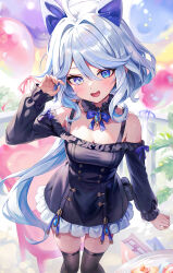 Rule 34 | 1girl, :d, ahoge, alternate costume, animal ears, black dress, black thighhighs, blue eyes, blue gemstone, blue hair, cat ears, commentary request, detached collar, dress, drop-shaped pupils, furina (genshin impact), gem, genshin impact, hair between eyes, heterochromia, highres, long hair, long sleeves, mismatched pupils, multicolored hair, off-shoulder dress, off shoulder, open mouth, paw pose, smile, solo, sweatdrop, symbol-shaped pupils, thighhighs, white hair, woodazi