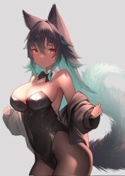 Rule 34 | 1girl, akuma (st.takuma), animal ear fluff, animal ears, aqua hair, bare shoulders, black bow, black bowtie, black hair, black jacket, black leotard, black pantyhose, bow, bowtie, breasts, covered navel, cowboy shot, detached sleeves, gradient hair, grey background, hair between eyes, highres, jacket, large breasts, leotard, long sleeves, looking at viewer, mole, mole on chest, mole under eye, multicolored hair, original, pantyhose, simple background, solo, tail, undressing, yellow eyes