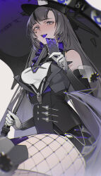Rule 34 | absurdres, bow, card, colored tongue, fishnet pantyhose, fishnets, grey eyes, grey hair, hat, highres, lilith (punishing: gray raven), looking at viewer, looking down, mechanical parts, pantyhose, playing card, poker chip, punishing: gray raven, purple tongue, ribbon, smile, spade (shape), top hat, umbrella, xtears kitsune, zipper