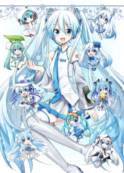 Rule 34 | 6+girls, bare shoulders, beamed eighth notes, blouse, blue eyes, blue hair, blue neckwear, bow, capelet, chibi, commentary, detached sleeves, dress, earrings, eighth note, everyone, flower, frilled dress, frills, full body, fur-trimmed jacket, fur-trimmed legwear, fur-trimmed sleeves, fur trim, goggles, hair bow, hair flower, hair ornament, hat, hatsune miku, headband, highres, holding, holding star, hood, jacket, japanese clothes, jewelry, kimono, leaf, long hair, looking at viewer, multiple girls, multiple persona, musical note, necktie, scarf, shirt, ski gear, ski goggles, sleeveless, sleeveless shirt, snowbell (flower), snowflake earrings, snowflake hair ornament, snowflake print, snowflakes, star (symbol), star hair ornament, sudachi (calendar), thighhighs, tiara, twintails, uchikake, very long hair, vocaloid, white legwear, white scarf, yuki miku, zettai ryouiki