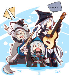 Rule 34 | &gt; &lt;, 3girls, arknights, black dress, black gloves, black headwear, blank speech bubble, blush, chibi, closed mouth, dress, full body, gladiia (arknights), gloves, grey hair, guitar, hair between eyes, hair over one eye, hat, holding, holding instrument, holding microphone, instrument, long hair, long sleeves, looking at viewer, microphone, multiple girls, music, omo (h98013114), open mouth, pointing, pointing up, sharp teeth, singing, skadi (arknights), smile, specter (arknights), speech bubble, standing, teeth, upper teeth only, very long hair