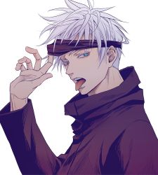 Rule 34 | 1boy, a jou, black jacket, blindfold, blindfold lift, blue eyes, gojou satoru, hand up, high collar, jacket, jujutsu kaisen, long sleeves, looking at viewer, male focus, open mouth, short hair, simple background, solo, teeth, tongue, tongue out, upper body, white background, white hair