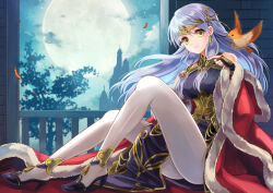 1girl akuru_(akr369akr) bird cape circlet commentary_request commission dress earrings fire_emblem fire_emblem:_radiant_dawn fire_emblem_heroes full_moon fur-trimmed_cape fur_trim hair_ornament jewelry long_hair looking_at_viewer micaiah_(fire_emblem) micaiah_(radiant_queen)_(fire_emblem) moon night night_sky nintendo orange_bird parted_lips red_cape sitting skeb_commission sky thighs white_hair yellow_eyes yune_(fire_emblem)