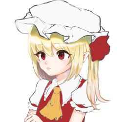Rule 34 | 1girl, ascot, blonde hair, closed mouth, collared shirt, crossed arms, flandre scarlet, frilled shirt collar, frilled sleeves, frills, hair between eyes, hat, highres, medium hair, mob cap, one-hour drawing challenge, petarikooo, pointy ears, puffy short sleeves, puffy sleeves, red eyes, red vest, shirt, short sleeves, simple background, solo, touhou, upper body, vest, white background, white hat, white shirt, yellow ascot
