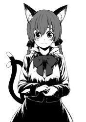 Rule 34 | 1girl, animal ears, bad id, bad pixiv id, braid, cat ears, cat girl, cat tail, female focus, greyscale, kaenbyou rin, lefthand, monochrome, simple background, skirt, solo, tail, touhou, twin braids, white background