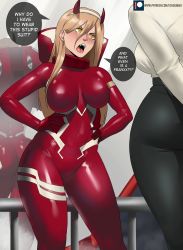 Rule 34 | 2girls, absurdres, angry, arms behind back, ass, blonde hair, blush, breasts, chainsaw man, cosplay, covered navel, cross-shaped pupils, darling in the franxx, echo saber, english text, female focus, hands on own hips, highres, large breasts, long hair, looking at another, mirror, multiple girls, patreon logo, power (chainsaw man), railing, shiny clothes, skin tight, speech bubble, standing, symbol-shaped pupils, teeth, trait connection, very long hair, watermark, web address, zero two (darling in the franxx) (cosplay)
