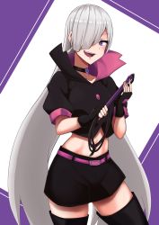 Rule 34 | 1girl, :d, absurdres, alternate costume, azumatsuru misa, belt, black footwear, black gloves, black skirt, blush, boots, character request, cowboy shot, crop top, dark persona, fingerless gloves, gloves, hair over one eye, highres, holding, holding whip, long hair, looking at viewer, midriff, miniskirt, navel, open mouth, purple eyes, shi shi ji, skirt, smile, solo, standing, stomach, thigh boots, thighhighs, twintails, very long hair, zettai ryouiki, zombie land saga
