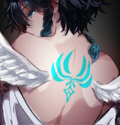 Rule 34 | 1boy, androgynous, angel wings, aqua hair, back tattoo, backless outfit, black hair, braid, facing away, feathered wings, fugusashi (fgss2089), genshin impact, highres, looking back, low twin braids, male focus, multicolored hair, shirt, shirt partially removed, solo, tattoo, twin braids, venti (archon) (genshin impact), venti (genshin impact), white shirt, white wings, wings