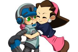 Rule 34 | 1boy, 1girl, absurdres, beck (mighty no. 9), capcom, cheek-to-cheek, closed eyes, creator connection, crossover, hair slicked back, hairband, heads together, hetero, highres, hug, lydi-lydi (jes), mega man (series), mega man legends (series), mighty no. 9, pantyhose, pink hairband, robot, simple background, tron bonne (mega man), white background