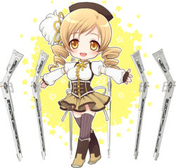 Rule 34 | 10s, 1girl, :d, :o, beret, blonde hair, blush, boots, brown thighhighs, crossed legs, detached sleeves, drill hair, field of blades, fingerless gloves, gloves, gun, hair ornament, hairpin, happy, hat, magical girl, magical musket, mahou shoujo madoka magica, mahou shoujo madoka magica (anime), mochiya marosuke, open mouth, outstretched arms, outstretched hand, pleated skirt, puffy sleeves, ribbon, rifle, short hair, skirt, smile, solo, standing, striped clothes, striped thighhighs, thighhighs, tomoe mami, twin drills, twintails, vertical-striped clothes, vertical-striped thighhighs, watson cross, weapon, yellow eyes, zettai ryouiki