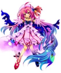 Rule 34 | 10s, :d, absurdly long hair, ahoge, ankle lace-up, blue hair, blush, bow, cross-laced footwear, dress, full body, gloves, gradient hair, hat, itsuka tenma no kuro usagi, jewelry, long hair, mekeko, multicolored hair, necklace, open mouth, outstretched arms, pink hair, purple hair, reaching, reaching towards viewer, red eyes, ribbon, saito himea, smile, solo, very long hair, wings