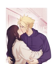 Rule 34 | 1boy, 1girl, black hair, blonde hair, casual, closed eyes, cloud strife, commentary, commission, couple, english commentary, final fantasy, final fantasy vii, final fantasy vii remake, hetero, hood, hoodie, hug, kiss, long hair, long sleeves, looking at another, pudelmudel, purple hoodie, shirt, spiked hair, tifa lockhart, upper body, white shirt