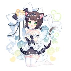 Rule 34 | 1girl, animal ears, azur lane, bell, brown hair, cat ears, cat tail, clothing cutout, commission, dress, green eyes, headdress, heart, heart hands, jewelry, mutsuki (azur lane), ribbon, ring, simple background, skeb commission, smile, solo, tail, tail through clothes, thighhighs, tsukimi, tsukimi (xiaohuasan), two-tone tail, wedding dress, wedding ring, wings