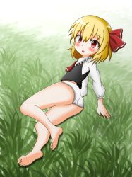 Rule 34 | 1girl, absurdres, ass, barefoot, blonde hair, blush, feet, grass, highres, looking at viewer, lying, on side, panties, parted lips, red eyes, rumia, soles, toes, touhou, underwear