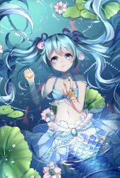 1girl bad_id bad_pixiv_id blue_eyes blue_hair chuor_(chuochuoi) collarbone female_focus from_above hair_ornament hatsune_miku highres long_hair looking_at_viewer lying matching_hair/eyes mermaid monster_girl navel on_back partially_submerged solo twintails vocaloid