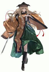 Rule 34 | 1girl, black footwear, black hat, blonde hair, boots, commentary request, detached sleeves, green skirt, hat, highres, hip vent, holding, holding sword, holding weapon, limiicirculate, long hair, long sleeves, matara okina, orange sleeves, orange tabard, pleated skirt, pointy hat, shirt, skirt, smile, solo, sword, tabard, touhou, undershirt, weapon, white shirt, wide sleeves, yellow eyes