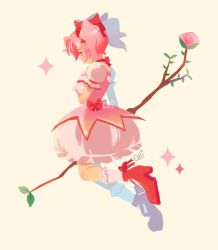 Rule 34 | 1girl, bow, bubble skirt, choker, commentary, dress, english commentary, from side, full body, gloves, hair bow, highres, kaname madoka, kaname madoka (magical girl), magical girl, mahou shoujo madoka magica, mahou shoujo madoka magica (anime), no lineart, pianta celi, pink eyes, pink hair, pink theme, puffy sleeves, ribbon, short hair, short twintails, skirt, solo, twintails, white gloves, yellow background