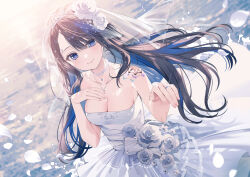Rule 34 | 1girl, a20 (atsumaru), absurdres, airi kanna, arm tattoo, bare shoulders, black hair, blue hair, breasts, bridal veil, cleavage, closed mouth, collarbone, commentary request, dress, dutch angle, flower, highres, jewelry, long hair, looking at viewer, medium breasts, multicolored hair, necklace, ring, rose, sidelocks, smile, solo, stellive, tattoo, two-tone hair, veil, virtual youtuber, wedding dress, wedding ring, white dress, white flower, white petals, white rose