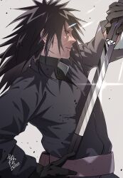 Rule 34 | 1boy, black hair, commentary, fighting stance, from side, glint, gloves, hand up, highres, holding, holding sword, holding weapon, lens flare, long hair, looking ahead, male focus, mocca1226, naruto (series), naruto shippuuden, red eyes, scar, scar on face, serious, sharingan, sheath, solo, sword, uchiha obito, unsheathing, upper body, weapon, wrinkled skin