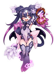 Rule 34 | 1girl, :d, ahoge, animal ears, animal hands, armpits, black hair, blush, blush stickers, bow, bright pupils, compact (cosmetics), covered erect nipples, covered navel, demon tail, demon wings, familiar (monster girl encyclopedia), fang, flat chest, full body, gem, gradient hair, hair between eyes, hair ornament, hairclip, happy, heart, heart print, holding, kenkou cross, legs together, leotard, long hair, looking at viewer, mirror, monster girl, monster girl encyclopedia, multicolored hair, official art, open mouth, outstretched arm, parted bangs, purple gemstone, purple hair, purple leotard, red eyes, red gemstone, reflection, school swimsuit, see-through, simple background, single tooth, smile, solo, star-shaped pupils, star (symbol), star hair ornament, swimsuit, symbol-shaped pupils, tail, thigh gap, thighhighs, thighs, transparent, twintails, two-tone hair, very long hair, white background, wings