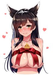 Rule 34 | 1girl, absurdres, animal, animal ears, animal on chest, atago (azur lane), azur lane, bird, black hair, blush, breast hold, breasts, chick, closed mouth, collarbone, commentary request, cropped torso, extra ears, hair between eyes, hair over shoulder, heart, highres, huge breasts, kagiyama (clave), long hair, looking at viewer, mole, mole under eye, naked ribbon, red ribbon, ribbon, solo, swept bangs, upper body, white background, yellow eyes