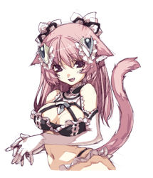 Rule 34 | 1girl, animal ears, breasts, cat ears, cat tail, elbow gloves, fang, gloves, hair ornament, hirano katsuyuki, large breasts, long hair, navel, own hands together, pink eyes, pink hair, smile, solo, tail, white gloves