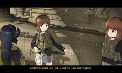 Rule 34 | 3girls, absurdres, anglerfish, ar-15, artist logo, black hair, blue jacket, body armor, brown eyes, brown hair, chinese commentary, chinese text, closed mouth, commentary request, commission, dated, emblem, fish, girls und panzer, gun, hairband, headphones, highres, holding, holding gun, holding weapon, jacket, kochiya tenko, letterboxed, light frown, long hair, long sleeves, looking at another, military uniform, military vehicle, miniskirt, mixed-language commentary, motor vehicle, multiple girls, nishizumi miho, ooarai military uniform, open mouth, orange eyes, orange hair, partial commentary, pointing, reizei mako, rifle, short hair, signature, skirt, smile, standing, tactical clothes, takebe saori, tank, throat microphone, translation request, uniform, weapon, white hairband, white skirt