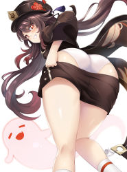 Rule 34 | 1girl, alternate ass size, artist request, ass, bike shorts, black hat, blush, breasts, brown hair, clothes pull, come hither, from behind, from below, genshin impact, ghost, grin, hat, highres, hu tao (genshin impact), kneehighs, long hair, looking at viewer, looking back, looking down, naughty face, panties, red eyes, shiny clothes, shiny skin, short shorts, shorts, shorts pull, sideboob, smile, socks, solo, symbol-shaped pupils, thighs, twintails, underwear, very long hair, white panties, white socks