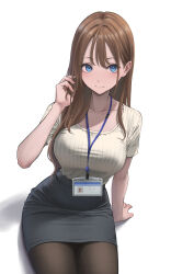 1girl absurdres arm_support blue_eyes breasts brown_hair brown_pantyhose collarbone grey_skirt hand_in_own_hair highres lanyard medium_breasts miniskirt office_lady original pantyhose pencil_skirt ribbed_shirt shirt short_sleeves simple_background sitting skirt solo white_shirt yukimaru_ai