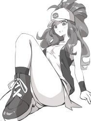 1girl ass baseball_cap creatures_(company) game_freak gara_(qbeuxvii22) greyscale hat high_ponytail highres hilda_(pokemon) long_hair monochrome nintendo pokemon pokemon_bw ponytail shirt short_shorts shorts simple_background sleeveless sleeveless_shirt solo vest white_background