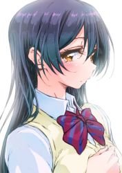 Rule 34 | 1girl, ayumu-k, blue hair, blush, bow, bowtie, collared shirt, hand on own chest, highres, long hair, looking at viewer, love live!, love live! school idol project, otonokizaka school uniform, pointy ears, red bow, red bowtie, school uniform, shirt, solo, sonoda umi, sparkle, striped bow, striped bowtie, striped clothes, striped neckwear, sweater vest, tears, upper body, white shirt, yellow eyes