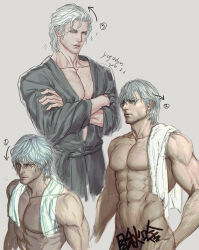 Rule 34 | 1boy, abs, after bathing, bara, bare pectorals, blue eyes, chest hair, covering privates, dante (devil may cry), devil may cry (series), devil may cry 5, facial hair, highres, large pectorals, looking at viewer, male focus, manly, mature male, muscular, muscular male, nude cover, pectorals, realistic, simple background, smile, solo, stomach, topless male, towel, towel around neck, towel on head, vaness fu, wet, wet hair, white hair