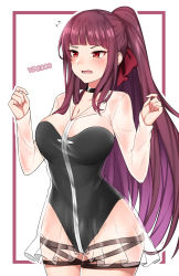 Rule 34 | 1girl, alternate hairstyle, black choker, black leotard, black one-piece swimsuit, blunt bangs, blush, breasts, character name, child (isoliya), choker, cleavage, commentary, cowboy shot, embarrassed, female focus, flying sweatdrops, girls&#039; frontline, hair ribbon, hands up, highres, large breasts, legs together, leotard, long hair, long sleeves, looking at viewer, looking away, nose blush, official alternate costume, one-piece swimsuit, open mouth, outside border, purple hair, red eyes, red ribbon, ribbon, see-through, sidelocks, sleeves past wrists, solo, standing, straight hair, swimsuit, swimsuit under clothes, thigh strap, thighs, two-tone background, v-shaped eyebrows, very long hair, wa2000 (girls&#039; frontline), wa2000 (op. manta ray) (girls&#039; frontline)