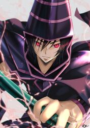 Rule 34 | 1boy, absurdres, armor, black armor, black hair, budgiepon, code geass, commentary request, cosplay, dark magician, dark magician (cosplay), fighting stance, foreshortening, geass, glowing, glowing eyes, grey background, hair between eyes, highres, holding, holding staff, lelouch vi britannia, long sleeves, looking at viewer, parted lips, red eyes, short hair, simple background, smile, solo, staff, upper body, v-shaped eyebrows, wide sleeves