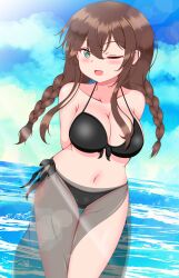 Rule 34 | 1girl, absurdres, arms behind back, bikini, black bikini, blue sky, braid, breasts, brown hair, cleavage, cloud, day, feet out of frame, front-tie bikini top, front-tie top, green eyes, highres, itsuya (hmizugucti), kantai collection, large breasts, leaning forward, looking at viewer, low twintails, noshiro (kancolle), one eye closed, outdoors, sarong, see-through, see-through sarong, side-tie bikini bottom, sky, smile, solo, swimsuit, thigh gap, twin braids, twintails