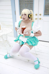 Rule 34 | 1girl, alcohol, asian, beer, between breasts, blonde hair, grabbing another&#039;s breast, breasts, brown eyes, chouzuki maryou, cleavage, cosplay, dirndl, garden, german clothes, grabbing, headphones, highres, jewelry, large breasts, looking at viewer, necklace, nitroplus, photo (medium), plump, short hair, sitting, solo, star (symbol), super pochaco, super pochaco (cosplay), thighhighs, twintails