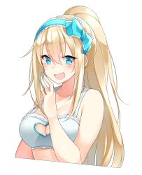 Rule 34 | 1girl, :d, bad id, bad twitter id, blonde hair, blue bow, blue eyes, blue hairband, bow, bra, clothing cutout, covering own mouth, cropped arms, cropped torso, dot nose, fang, frilled hairband, frills, hair between eyes, hair bow, hairband, hand over own mouth, heart cutout, highres, long hair, looking at viewer, open mouth, original, ponytail, simple background, skin fang, smile, solo, suruga (xsurugax), underwear, upper body, very long hair, white background, white bra